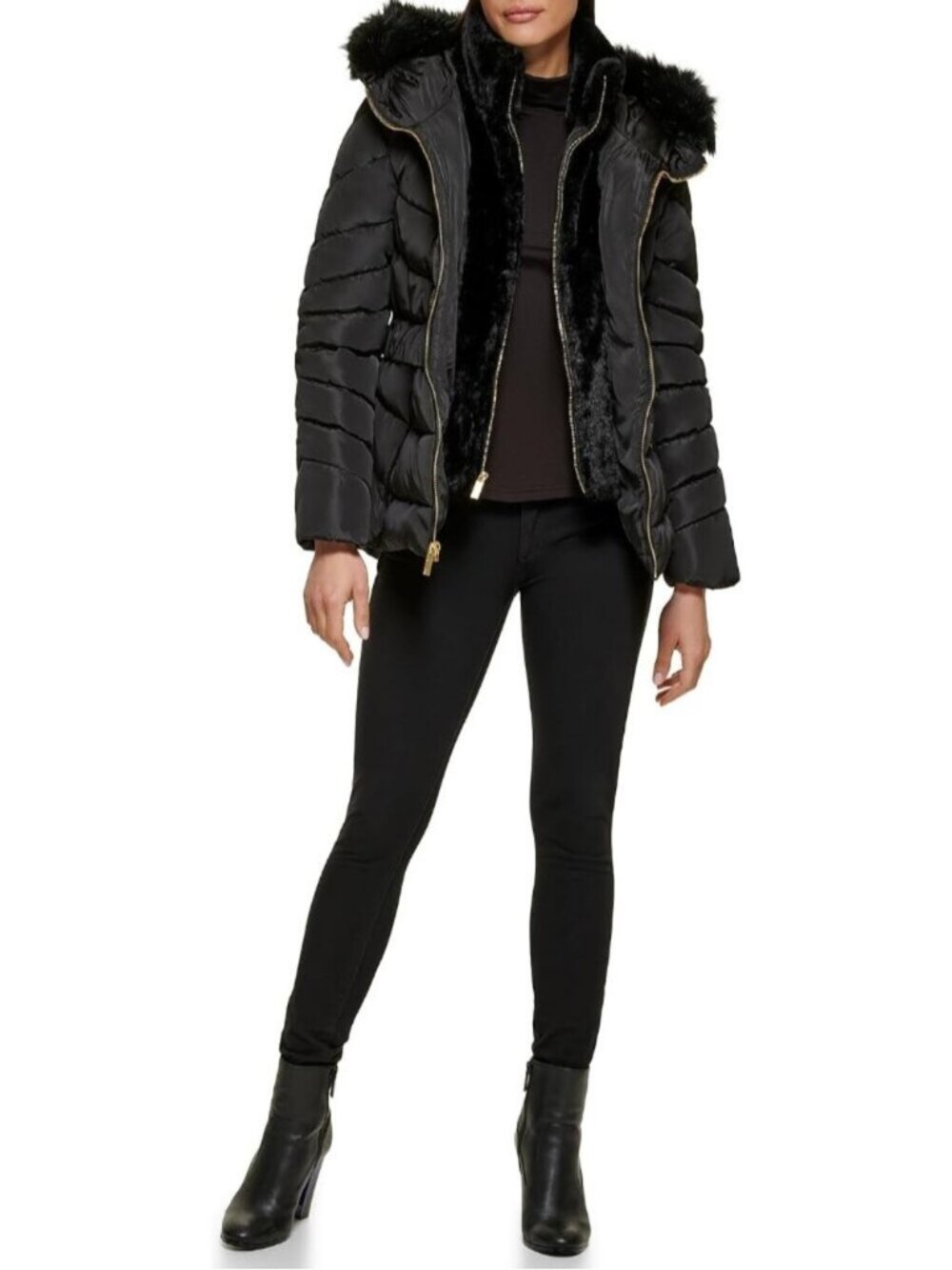 Women's Fur Lined Black Midweight Imported Polyester Classic Long Puffer Jackets